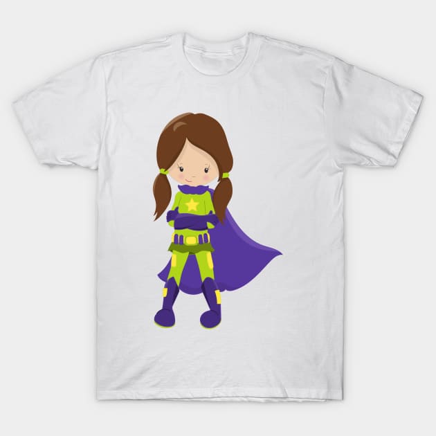 Superhero Girl, Cute Girl, Brown Hair, Purple Cape T-Shirt by Jelena Dunčević